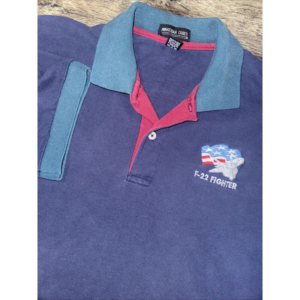 VTG Jonathan Corey United States F 22 Fighter USA Flag Patch Blue Green Polo XXL